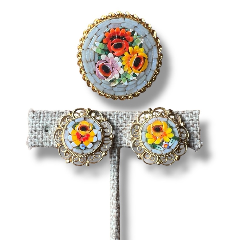 Floral Micro Mosaic Round Clip-on Earrings and Pin Set